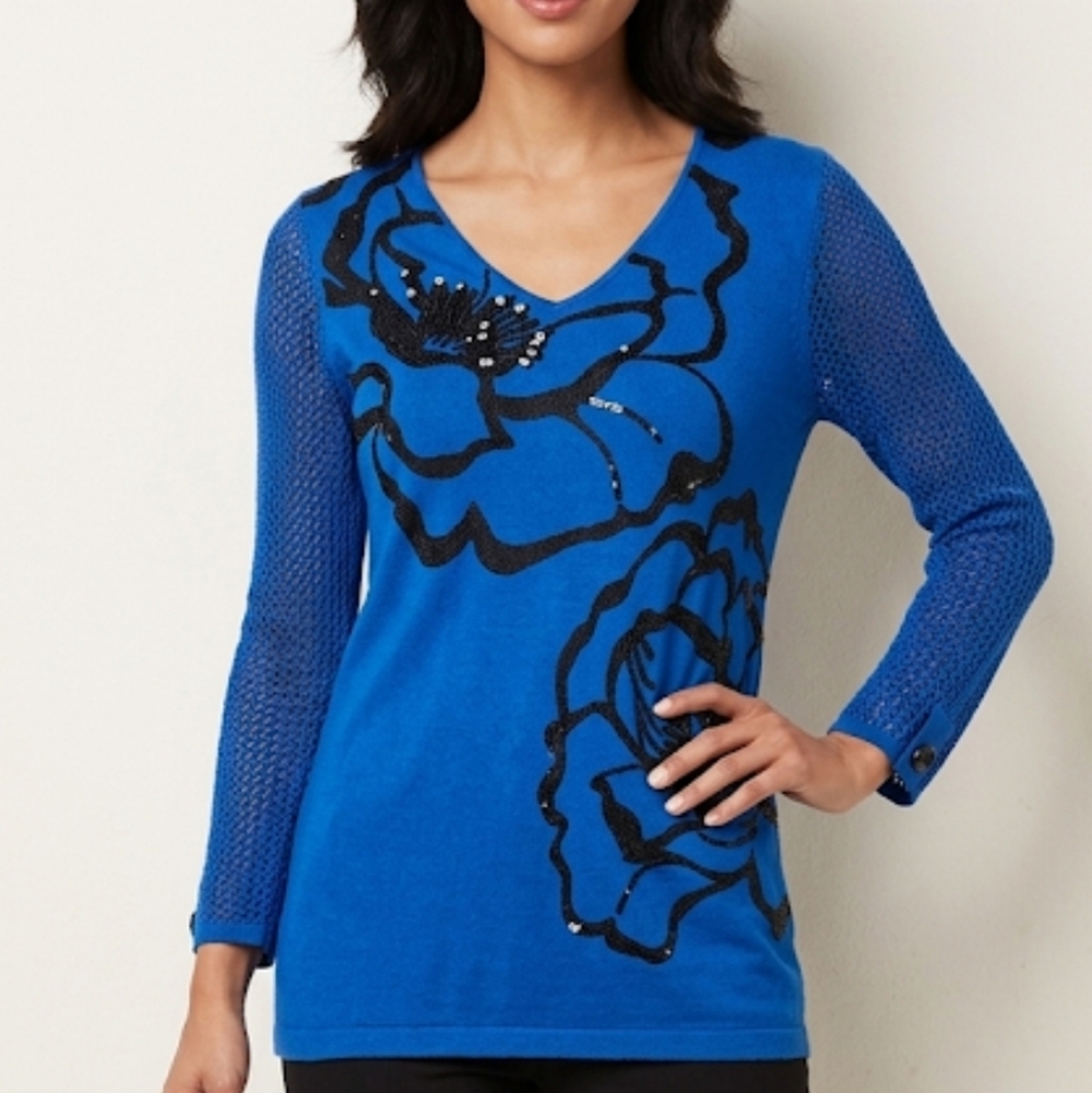 Peter Nygard Blue Sweater w/Black Floral & Beaded Accents Size Sm *tiny Flaw*